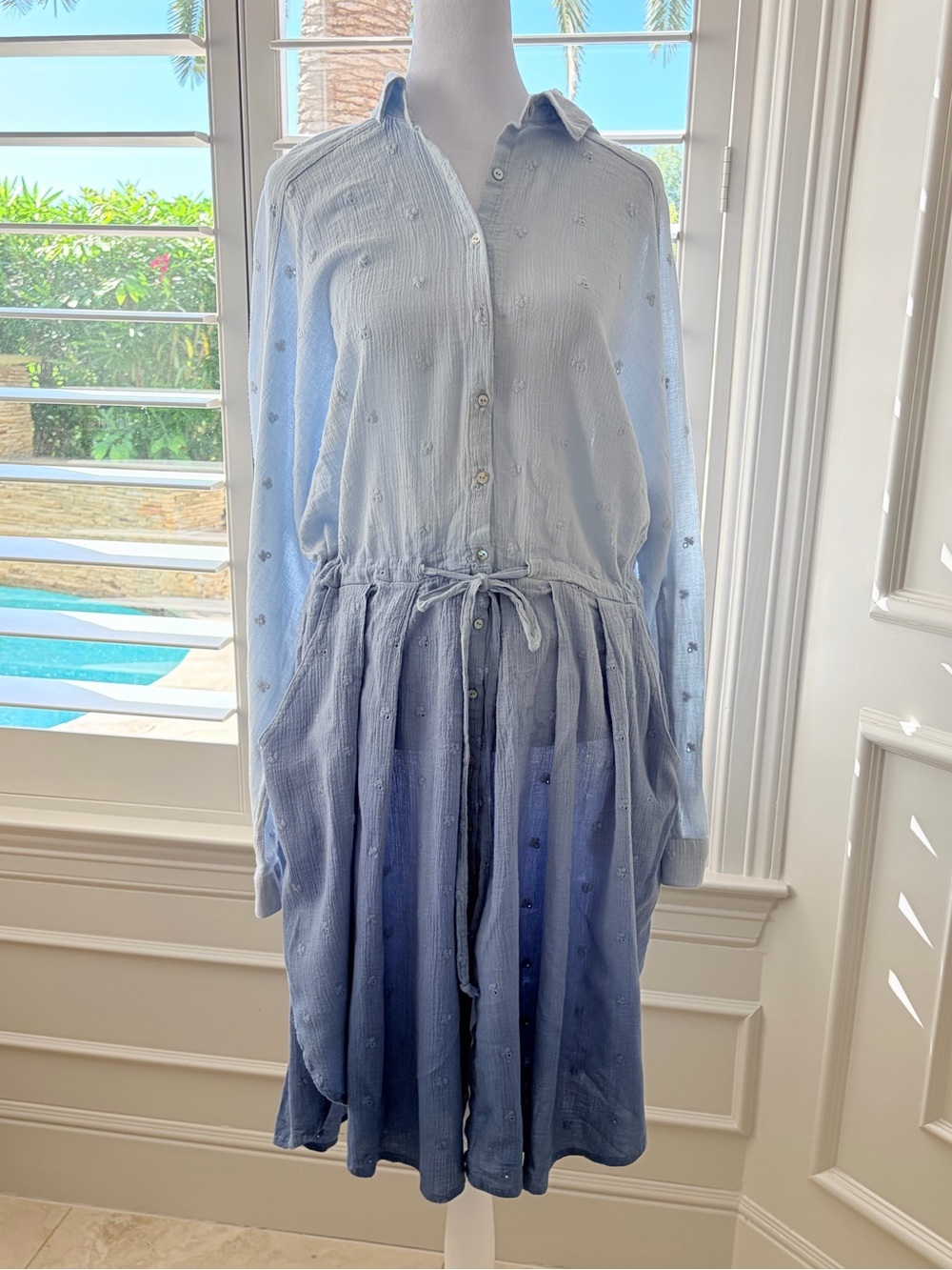 Free People Blue Ombre Button-Front Long Sleeve Dress 100% Cotton